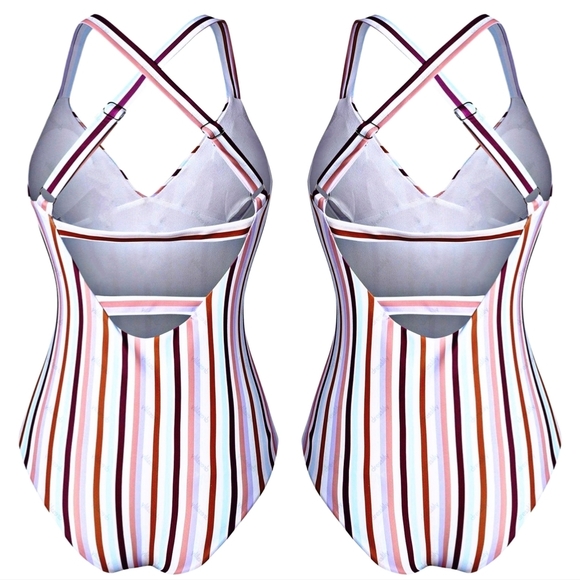 Striped Criss-Cross One Piece Swimsuit – Colorful Scoop Neck, Open Back, Padding - Picture 5 of 11